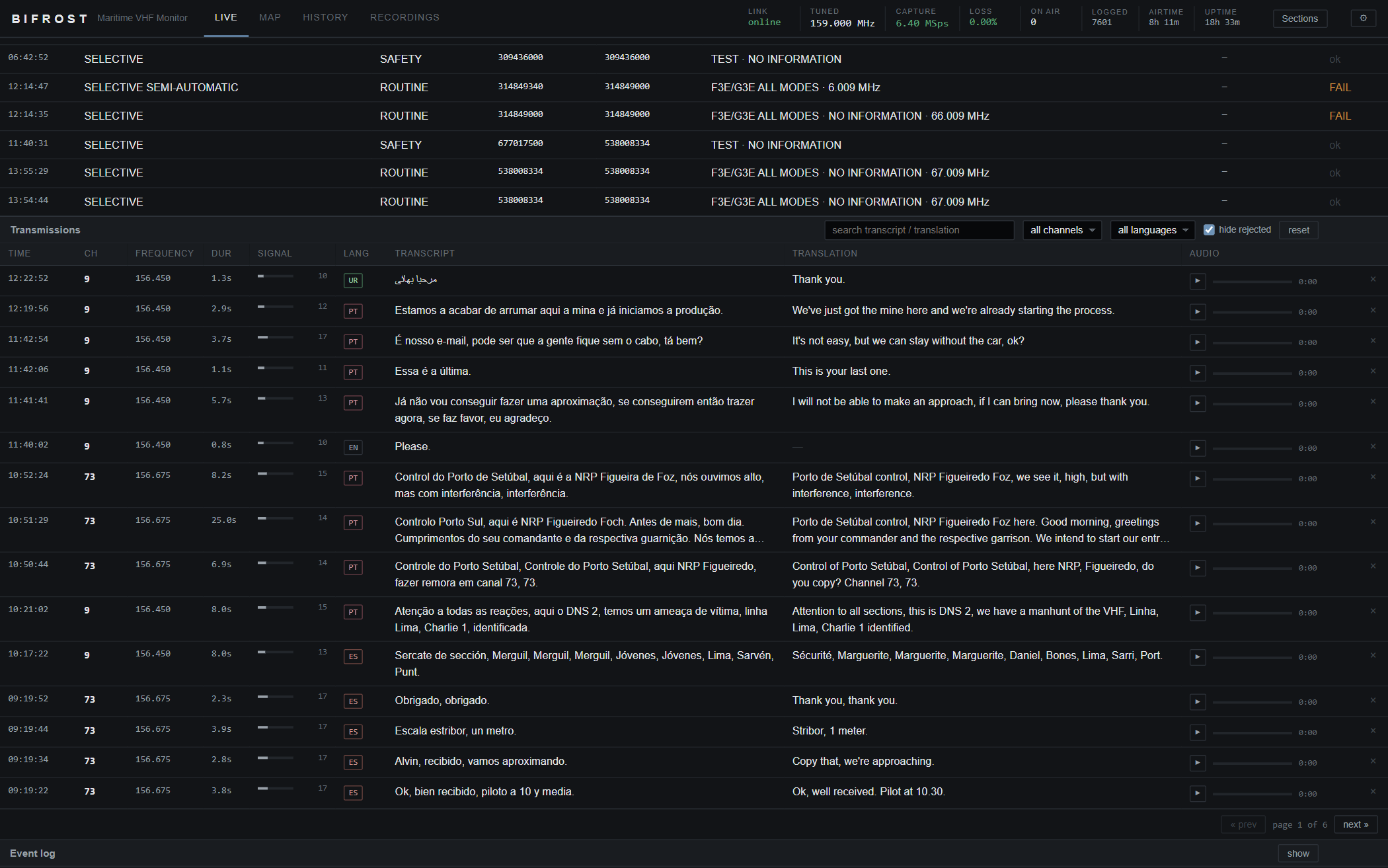 Transmission log with transcript, English translation, signal strength and inline audio