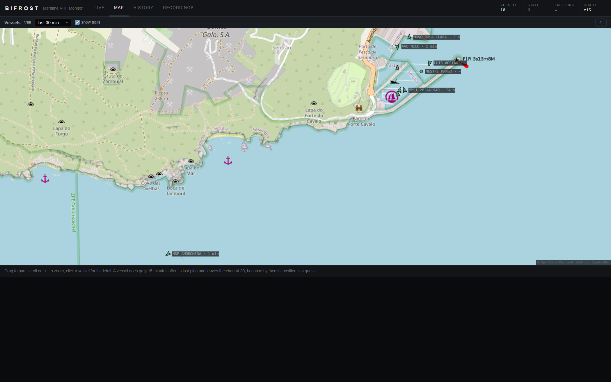 Offline vector chart showing AIS vessel positions and trails around Sesimbra